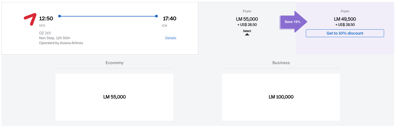 LifeMiles award on Asiana from SFO-ICN for 55,000 miles in economy and 100,000 miles in business class.